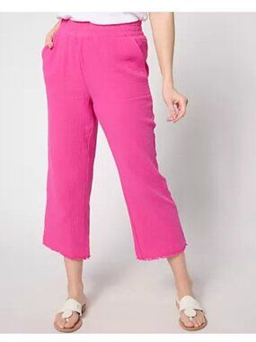 Belle by Kim Gravel Women Pants Sz M Cotton Gauze Frayed Edge Pink A646268